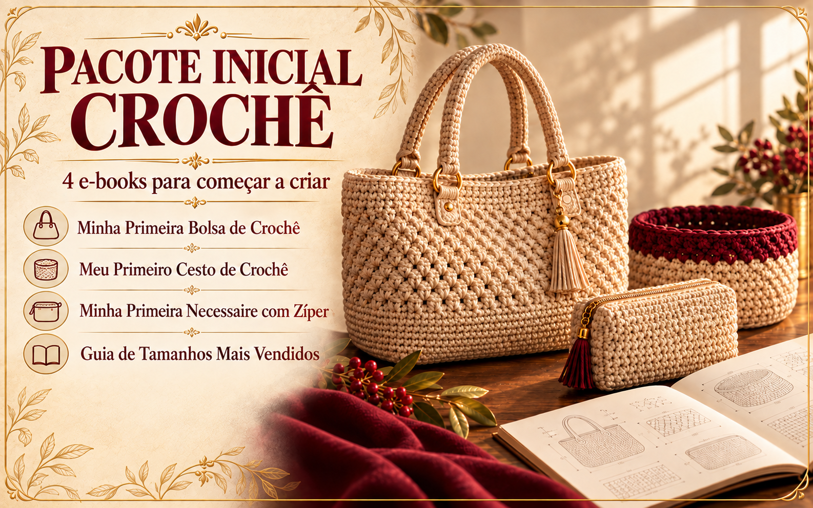 Capa do Pacote Inicial de Crochê com 4 e-books
