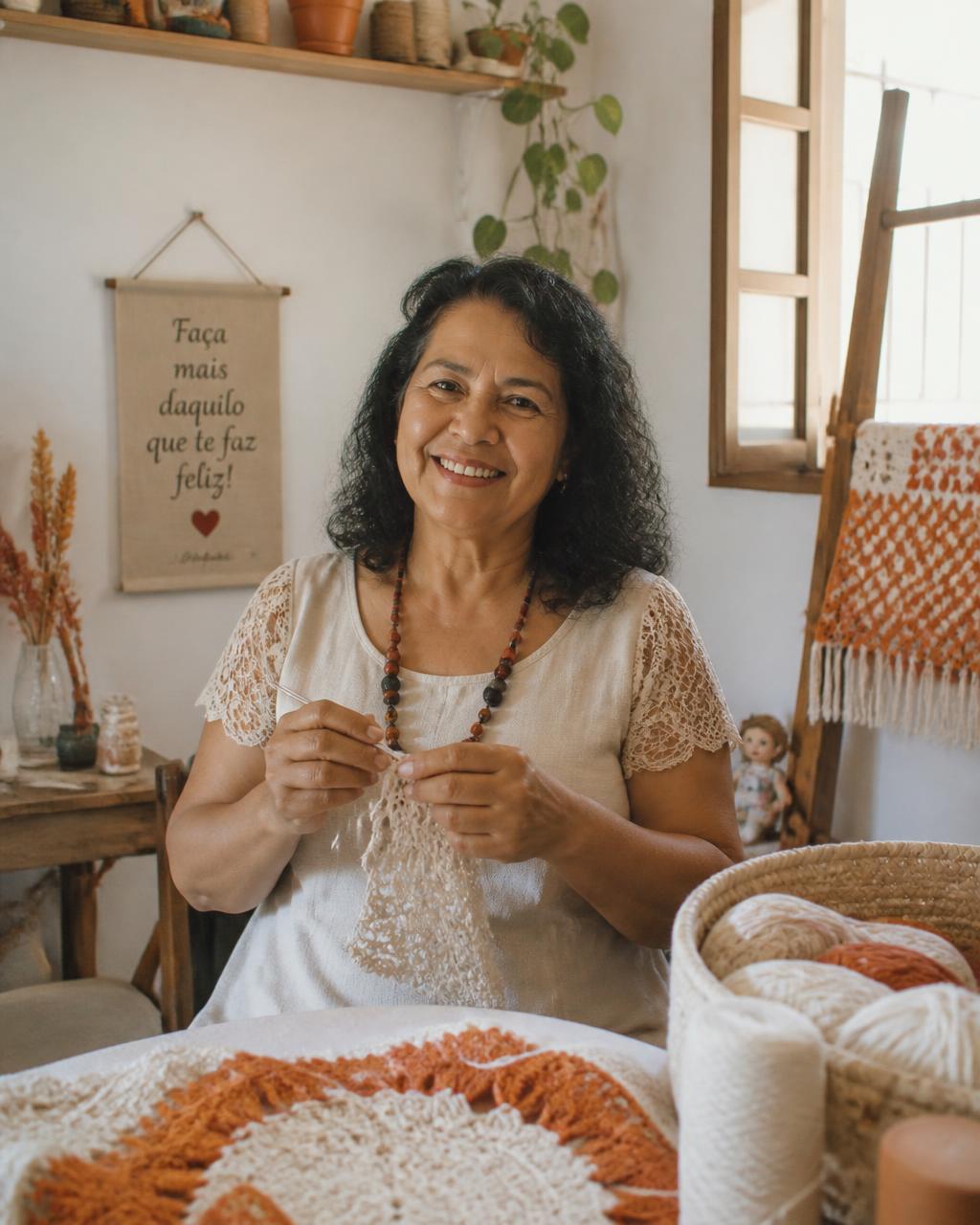 Artesã trabalhando com crochê em seu ateliê