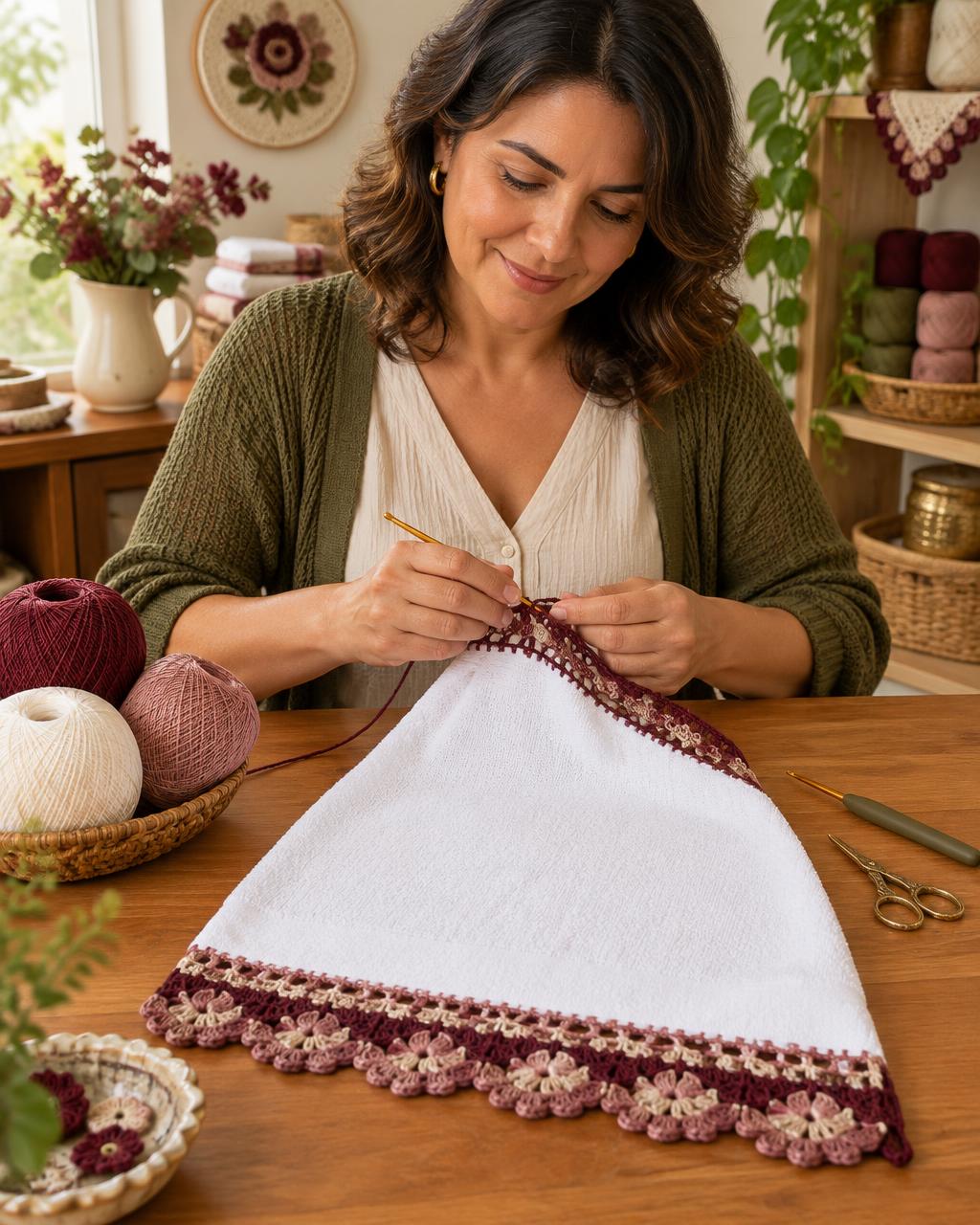 Artesã confeccionando seu primeiro pano de prato de crochê
